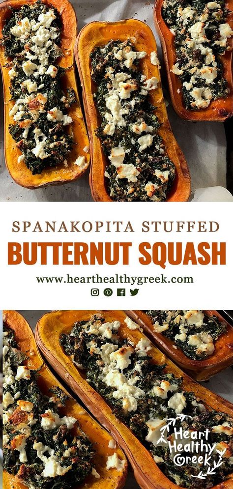 Butternut Squash Baked, Healthy Greek Recipes, Stuffed Butternut Squash, Butternut Squash Spinach, Stuffed Butternut, Butternut Recipes, Baked Butternut Squash, Baked Squash, Spinach Pie