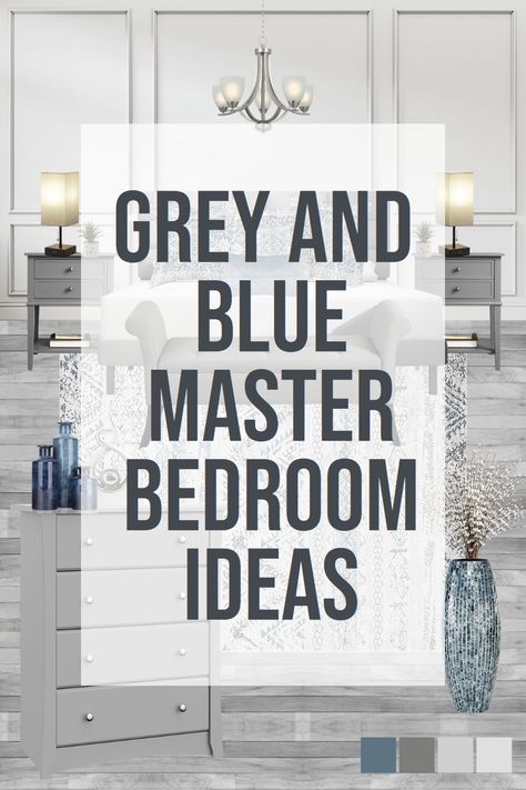 This post is all about my grey and blue master bedroom ideas! Step into a master bedroom designed with a perfect blend of serenity and sophistication. The grey and blue color palette not only brings a calming effect but also introduces a sense of elegance and refinement. With an assortment of accessories, the design is a testament to the power of subtlety and simplicity, transforming a regular bedroom into an extraordinary retreat. Blue Gray And White Bedroom Ideas, Calm Bedroom Color Palette, Bedroom Decor Blue And Grey, Gray Primary Bedroom, Greyish Blue Bedroom Ideas, Blue Grey Bedroom Decor, Dark Blue And Gray Bedroom, Silver And Gold Bedroom Ideas, Grey And Light Blue Bedroom