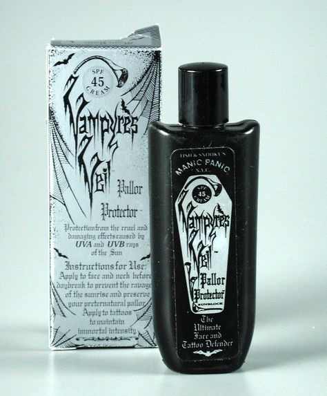 Vampires Veil sun block by Manic Panic Goth Skincare, Goth Packaging, Goth Skincare Products, Goth Makeup Brands, Goth Makeup Items, Gothic Makeup Products, Vampire Accessories Vampirefreaks, Mohawks, Summer Survival Kit