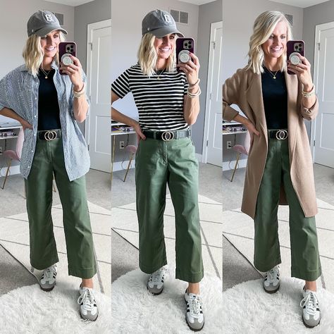 Spring Mom Fit Tapered Leg Pants, Stay At Home Mom Capsule Wardrobe 2023, Casual Olive Wide-leg Pants, Stay At Home Mom Fall Capsule Wardrobe, Mom Spring Capsule Wardrobe 2024, Green Wide Leg Pants Outfit, Olive Pants Outfit, Thrifty Fashion, 60 Outfits