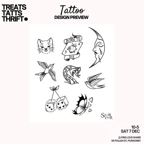 TREATS, TATTS & THRIFT TATTOO DESIGN PREVIEW ✨✨✨ As promised here are the designs for the upcoming pop up event: Treats, Tatts & Thrift - next Saturday 7th December @findlovesharenz in Ponsonby 🩷 I was inspired to create some fun retro trad pieces, some funky little whimsical vintage designs & floral pieces as well as my classic fine line style & some minis (the minis are only $80 👀) there’s also a few bonus Christmas designs in there as the @iloveponsonby Christmas Markets are also on! Ho... Thrift Tattoo, Funky Tattoos, Pop Up Event, Christmas Markets, Insta Feed, Fine Line, Christmas Designs, Christmas Market, Tattoo Design