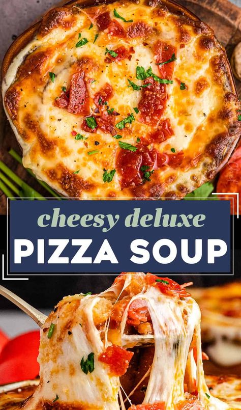 Cheesy Deluxe Pizza Soup - The Chunky Chef Cheesy Supreme Pizza Soup, Keto Pizza Soup Recipe, Crockpot Pizza Soup Recipes, Creamy Italian Soup Recipes, Soups For Grilled Cheese, Awesome Soup Recipes, Cheesy Pasta Soup, Grilled Cheese And Soup Ideas, Classic Soup Recipes