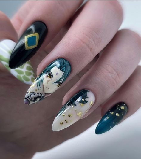 Xiao Nails, Genshin Impact Nails, Anime Nail, Crimping Iron, Xiao Genshin, Anime Nails, Daily Nail, Inspired Nails, Classy Acrylic Nails