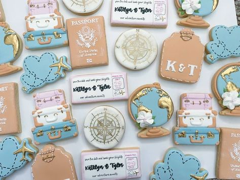 Travel Theme Bridal Shower, Travel Bridal Showers, Engagement Cookies, Bridal Cookies, Theme Cookies, Bridal Shower Cookies, Cookie Party, Travel Theme, Wedding Cookies