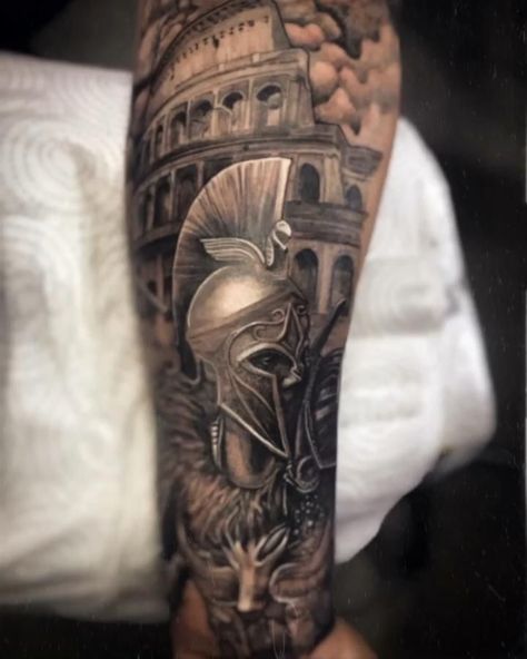 Rome Warrior Tattoo, Roman Tattoo Sleeve, Roman Gladiator Tattoo Design, Roman Mythology Tattoo, Zeus Tattoos, Military Sleeve Tattoo, Spartan Helmet Tattoo, Roman Tattoo, Gladiator Tattoo