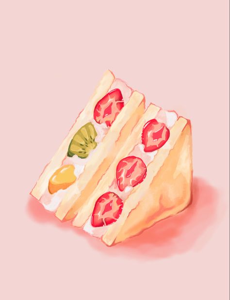 Strawberry Sando, Sandwich Drawing, Japanese Sandwich, Fruit Sandwich, Japanese Bread, 귀여운 음식 그림, Food Artwork, Food Illustration Art, Cute Food Drawings