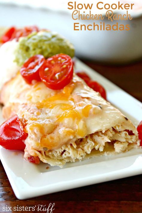 Slow Cooker Chicken Ranch Enchiladas Recipe Six Sisters Slow Cooker, Ranch Enchiladas, Easy Chicken And Noodles, Chicken Ranch, Avocado Chicken, Enchilada Recipe, Bean Enchiladas, Six Sisters Stuff, Enchiladas Recipe