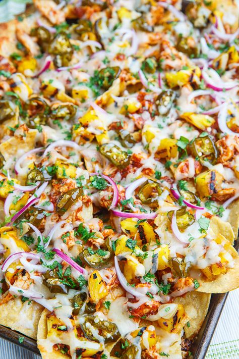 BBQ Chicken and Grilled Pineapple Nachos Pineapple Nachos, Bbq Pineapple Chicken, Grilled Pineapple Recipe, Bbq Chicken Nachos, Grilled Pineapple Salsa, Grilled Pineapple Chicken, Buffalo Chicken Nachos, Pineapple Recipes, Chicken Nachos