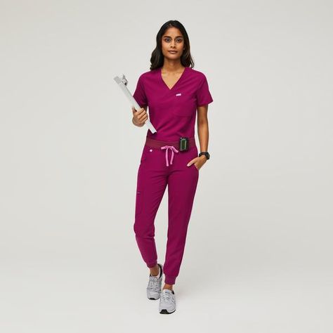 Nurse Outfit Scrubs, Scrub Style, Cute Scrubs, Scrubs Outfit, Figs Scrubs, Dark Magenta, Womens Scrubs, Branding Photoshoot, Joggers Womens