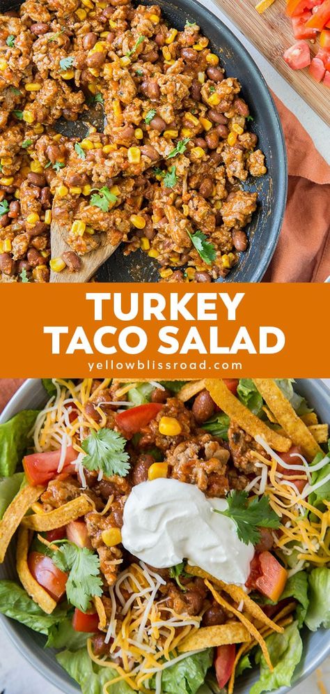 Turkey Taco Salad is a colorful, healthy, main course salad. Full of crisp lettuce, topped with a zesty ground turkey and beans and favorite taco toppings. Turkey Taco Salad Recipe, Ground Turkey Taco Salad, Healthy Main Course, Main Course Salad, Taco Salad Recipe Healthy, Turkey Taco Salad, Keto Taco Salad, Healthy Tacos Salad, Taco Toppings