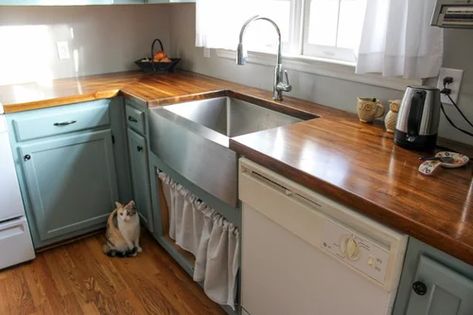 Blue Cabinets Butcher Block Counter, Blue Cabinets With Butcher Block, Kitchen Cabinet Blue, Kitchen Cabinets Inside, Countertops Decor Ideas, Acacia Butcher Block Countertops, Cabinets Butcher Block Countertops, Kitchen Cabinet Lights, Gloss Kitchen Cabinets