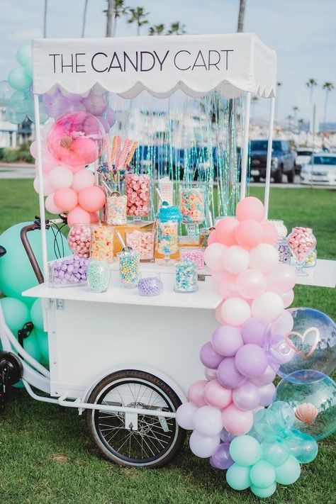 Mermaid Party Ideas, Underwater Mermaid, Boho Mermaid, Magical Underwater, Candy Theme Birthday Party, Candy Land Birthday Party, Idee Babyshower, Ice Cream Cart, Candy Cart