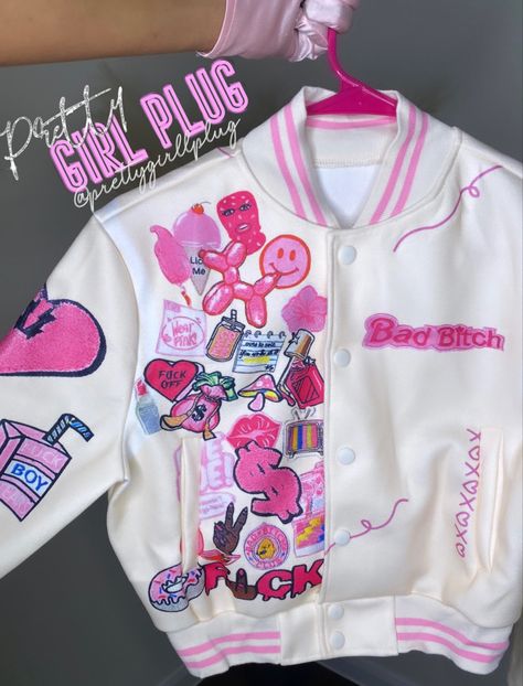 Kawaii Varsity Jacket, Y2k Varsity Jacket, Varsity Jacket Custom, Hello Kitty Varsity Jacket, Pastel Varsity Jacket, Barbie Varsity Jacket, Anime Varsity Jacket, Varsity Patch Ideas, Patch Jacket Outfit