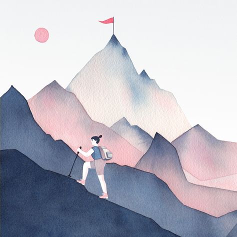 Mountain Climbing | Monica Garwood Mountain Illustration, Cindy Sherman, Moon Illustration, Communication Art, Black And White Painting, Illustration Painting, Art Et Illustration, School Children, Landscape Illustration