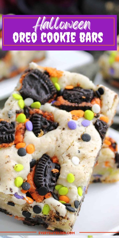 Halloween Oreo Cookie Bars are made with boxed cake mix, Halloween themed oreo cookies, and festive sprinkles to make a fun Halloween dessert or treat. The cookie bars are so easy to assemble. The perfect Halloween treat for family, friends, and Halloween parties. They travel well and are freezer friendly. Halloween Cake Mix Cookie Bars, Halloween Treats With Sprinkles, Halloween Bars And Cookies, Bake Sale Halloween Ideas, Halloween Cookie Brownie, Spooky Rice Crispy Treats, Halloween Magic Cookie Bars, Halloween Oreo Cake Bars, Halloween Blondie Bars