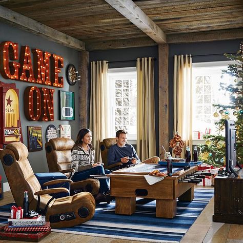 This time of year it is all about spending time with friends and family! Create the ultimate hangout space this… Boys Game Room, Teen Lounge, Hangout Room, Game Room Basement, Game Room Family, Man Cave Home Bar, Gamer Room, Video Game Room, Basement Renovations