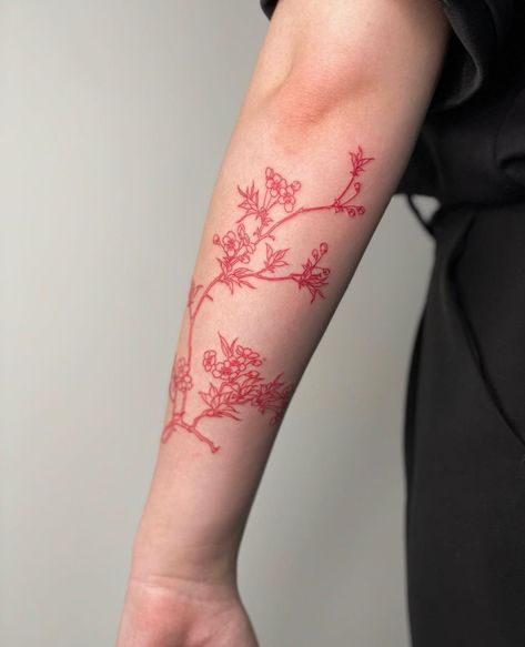 Color Tattoos Aesthetic, Red And Black Forearm Tattoo Women, Red Wrap Around Tattoo, Wrap Around Forearm Tattoo Women Flowers, Red Ink Shoulder Tattoo, Red Vines Tattoo, Red Flowers Tattoo Arm, Red Tattoo Forearm, Red Flower Back Tattoo