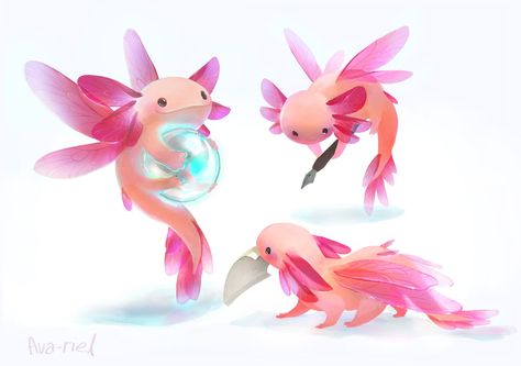 @fluffehfish.      Axolotl fairy familiar. Axolotl Drawing Reference, Dnd Axolotl, Fantasy Pets Mythical Creatures, Cute Creature Concept Art, Cute Axolotl Art, Fairy Concept Art, Cute Mythical Creatures, Fatty Tuna, Fairy Animals