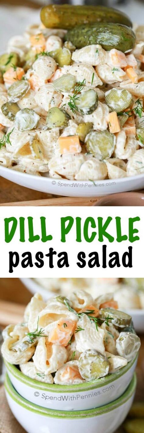 EVERYONE went totally crazy for this recipe!! Dill Pickle Pasta Salad is literally my favorite pasta salad ever!  In this creamy pasta salad recipe, dill pickles play a starring role and add tons of flavor and crunch!  This recipe is even better when it's made ahead of time making it the perfect potluck dish! Creamy Pasta Salad Recipe, Pickle Pasta Salad, Pickle Pasta, Salad Taco, Salad Macaroni, Dill Pickle Pasta Salad, Salad Quinoa, Barbecue Side Dishes, Salad Kale