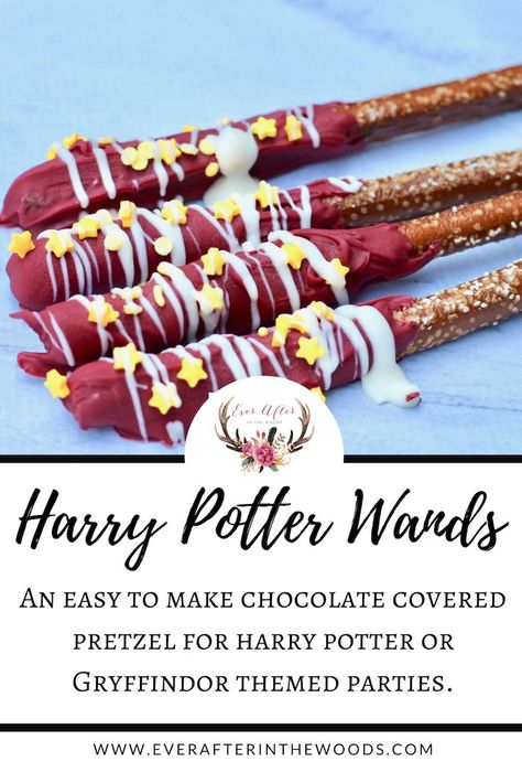 These chocolate covered pretzel rods are exactly what you need for a Harry Potter themed birthday party or even a great treat for a school bake sale. They are so easy to make and they look so pretty! These would look spectacular in a mason jar on a birthday table. Label the wands with Gryffindor or Firebolt Broomsticks. #harrypotter #gryffindor Harry Potter Chocolate Pretzel Wands, Easy Harry Potter Desserts, Harry Potter Chocolate Covered Pretzels, Wand Pretzel Rods, Harry Potter Chocolate Wands, Harry Potter Birthday Cake Easy Diy, Harry Potter Pretzel Rods, Harry Potter Pretzel Wands, Harry Potter Birthday Treats