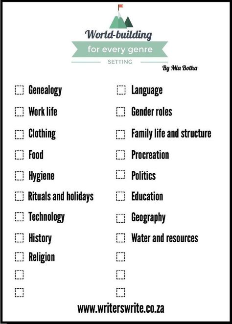 Last week I discussed the importance of setting and what we can learn from sci-fi and fantasy writers about world-building. By following their guidelines, we can strengthen our setting and make our... World Building Template, Building Template, Menulis Novel, Writing Organization, Fantasy Writer, Writing Fantasy, World Building, Creative Writing Tips, Writing Characters