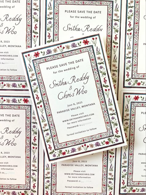 Patterned Save the Date inspired by Indian Mughal art, wedding stationery Wedding Stationery Indian, Mughal Wedding Invite, Linden Illustration, Indian Wedding Stationery, Mughal Wedding, Save The Date Indian, Cool Invitations, Illustrated Wedding Invitations, Wedding Card Frames