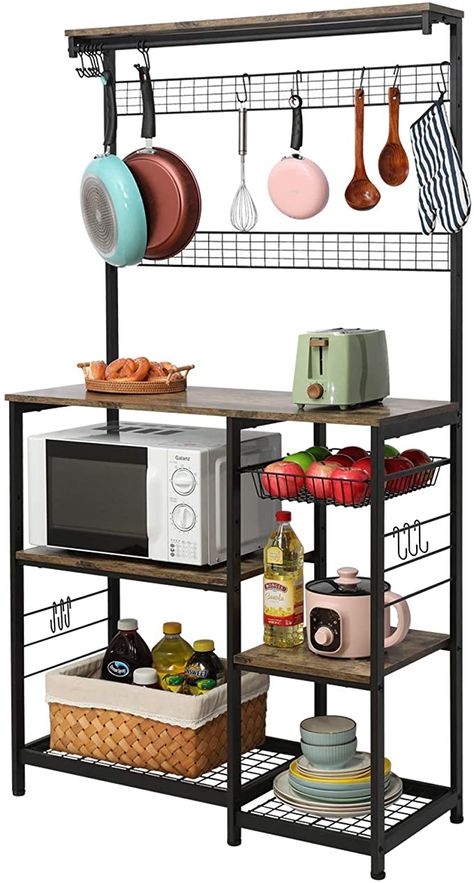 Amazon.com: X-cosrack Kitchen Baker's Rack, 68inch Microwave Oven Stand with Pull-Out Wire Basket, 8 Hooks + 15 S Hooks,3 Tier + 4 Tier Utility Storage Shelf with Mesh Panels for Utensils, Pots, Pans, Spices: Furniture & Decor Kitchen Organizer Rack, Farmhouse Sideboard Buffet, Baker's Rack, Microwave Stand, Farmhouse Sideboard, Kitchen Storage Shelves, Bakers Rack, Microwave In Kitchen, Utility Storage