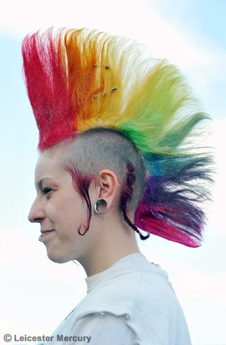 Rainbow mohawk. Rainbow Mohawk Women, Mohawk Women, Rainbow Mohawk, Mohawks, Crazy Hair Day, Rainbow Bright, Crazy Hair Days, Stretched Ears, Weird Animals