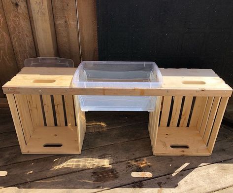 Need a sweet DIY water table/mud kitchen idea? $34 and 5 minutes to put together. Add in some containers and utensils from the thrift… | Instagram Diy Mud Table For Kids, Crate Mud Kitchen, Diy Mud Table, Cinder Block Mud Kitchen, Mud Table For Kids, Kids Mud Kitchen Diy, Diy Water Table For Kids, Easy Mud Kitchen, Outdoor Daycare