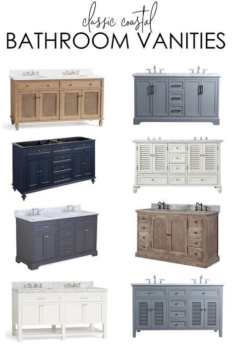 A collection of beautiful bathroom vanities that work well for a variety of budgets and decorating styles. Includes classic, coastal vanity options too! #bathroom #bathroomvanity #bathroomdecor Coastal Bathroom Vanity, Beautiful Bathroom Vanity, Guest Bathroom Renovation, Life On Virginia Street, Coastal Bathroom, Grey Bathroom Vanity, Classic Coastal, Coastal Bathrooms, Classic Bathroom