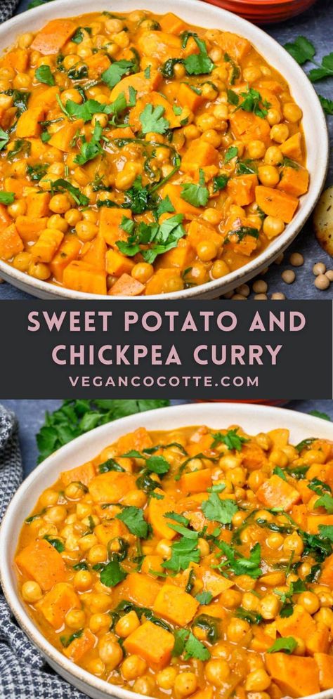 Sweet Potato and Chickpea Curry Sweet Potato Tofu Chickpea Curry, Vegan Sweet Potato Chickpea Curry, Chickpeas And Sweet Potato Recipes, Sweet Potatoes Curry Recipes, Chickpea Curry Meal Prep, Indian Food Recipes Sweet Potato, Sweet Potato Chick Pea Recipe, Chickpea Sweet Potato Recipes, Sweet Potatoes Chickpeas