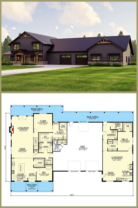 Massive Garage, Multigenerational House Plans, Corrugated Metal Siding, Multigenerational House, Inlaw Suite, 4 Bedroom House Plans, Barndominium Floor Plans, Garage Shop, 4 Bedroom House