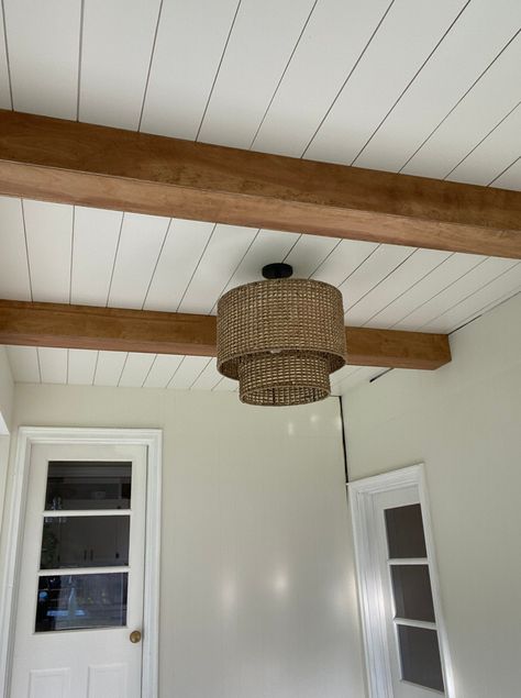 Faux Ceiling Beams – The Budget Friendly AND Simple Way! | Abbbclarkhomeee Cabin Vaulted Ceiling Lighting, Faux Beams Living Room Low Ceiling, Faux Beam Wrap, Faux Beams In Hallway, Faux Beam Ceiling, Fake Ceiling Beams, Faux Beams Low Ceiling, Fake Beams On Ceiling, Flooring On Ceiling