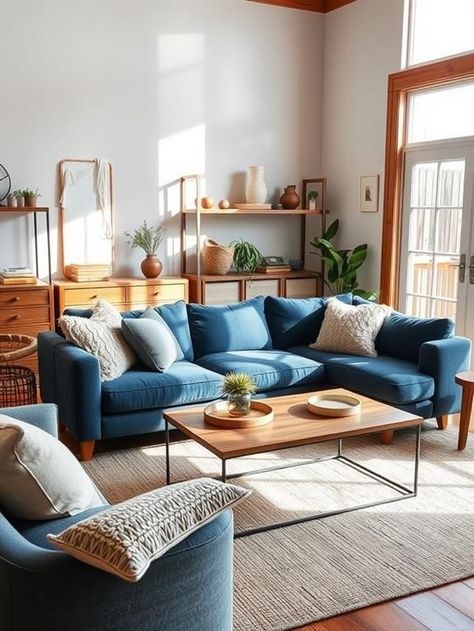 Area Rugs With Blue Couch, Rugs That Go With Blue Couches, Blue Living Room Couch Ideas, White Walls Blue Couch, Rugs For Blue Couches, Light Blue Couch Living Room Decor, Living Room Ideas With Blue Couch, Blue And Leather Living Room, Mid Century Modern Living Room Blue