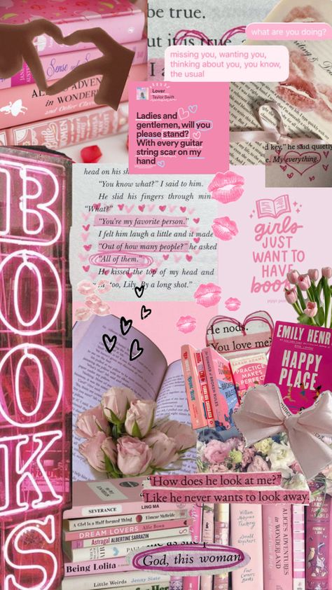 Pink Books Wallpaper, Book Collage Ideas, Bookish Aesthetic Wallpaper, Bookish Collage, Lily + Core + Aesthetic, Kindle Background, Kindle Decor, Kindle Accessories, Reading Wallpaper