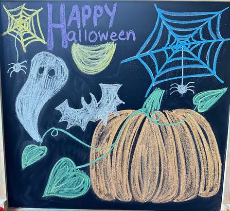 Happy Halloween Chalk Art Halloween Ideas, Chalk Pen Window Art Halloween, Halloween Chalk Drawings, Happy Halloween Drawings, Chalk Witch Drawing, Happy Halloween Chalkboard Ideas, Halloween Drawings Easy, Halloween Chalk Art, Halloween Chalkboard Art