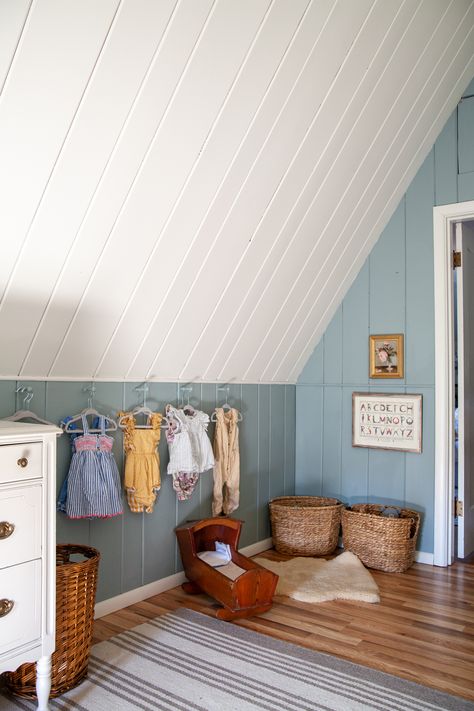 DIY painted peg row instead of closet in Lucy's nursery / Create / Enjoy Nursery Ceiling Paint, A Frame Nursery, Nursery Ideas Slanted Ceilings, Small Attic Nursery, Attic Nursery Ideas, Angled Ceiling Nursery, Slanted Ceiling Nursery Ideas, Nursery With Slanted Ceiling, Nursery With No Closet