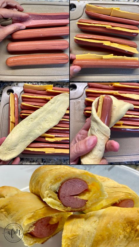 hot dog in a blanket, pigs in a blanket, cheesy hot dog in a blanket, how to make pigs in a blanket, pigs in a blanket recipe with hot dogs Biscuit Hot Dogs, Crescent Roll Hot Dog Recipes, Appetizers Using Canned Biscuits, Pigs In A Blanket Using Canned Biscuits, Hot Dogs And Crescent Rolls, Meals Using Hot Dogs, Crescent Roll Hot Dogs Pigs In A Blanket, Pigs In A Blanket With Biscuits, Hot Dogs Wrapped In Crescent Rolls