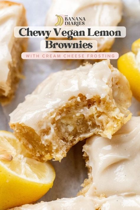 Sweet Potato Blondies Vegan, Vegan Lemon Blondies, Vegan Lemon Brownies, Vegan Lemon Recipes, Sweet Vegan Snacks, Dairy Free Cream Cheese Icing, Vegan Lemon Desserts, Vegan Lemon Cookies, Vegan Sweets Recipes