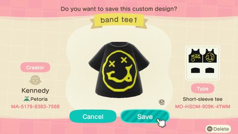 Just started creating some shirts! I hope yall like them ❤️ ACNH Animal Crossing T Shirt Design, Acnh Tee Shirt Designs, Acnh Band Shirts, Acnh Shirts Design Codes, Animal Crossing Shirt Designs, Clothes Codes, Nirvana Shirt, Nirvana Band, Acnh Clothes