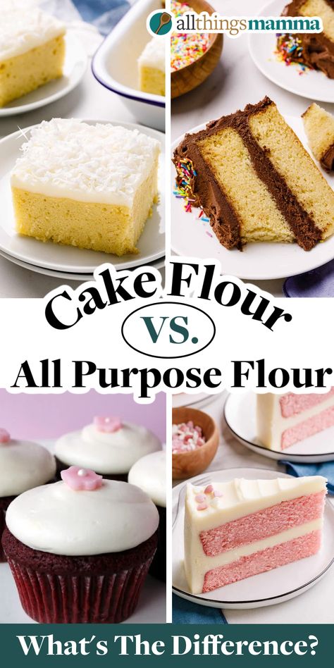 4-image collage showing four different types of cake recipes. Things To Make With Cake Flour, What To Make With Cake Flour, Cake Flour Recipe Baking, Cake Flour Vs All Purpose Flour, Cake And Pastry Flour Recipes, How To Make Cake Flour, What To Make With Flour, Recipe With Cake Flour, Cake Flour Recipe