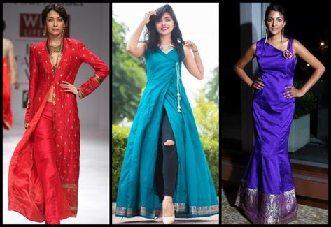 10 Creative Ways To Reuse & Restyle Your Old Sarees into Fashionable Dresses Saree Into Kurti, Old Sarees Convert Into Dress, Saree Reuse, Slides Outfit, Lehenga Saree Design, Recycled Dress, Sari Dress, Saree Gown, Sari Blouse Designs