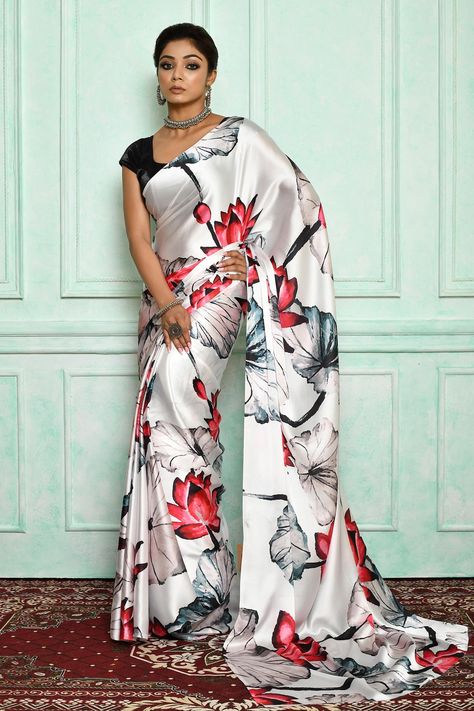 Buy Arihant Rai Sinha White Pure Satin Crepe Floral Print Saree Online | Aza Fashions Floral Print Saree, Crepe Sarees, Floral Print Sarees, Crepe Silk Sarees, Floral Saree, Crepe Saree, Saree For Women, Print Saree, Satin Saree