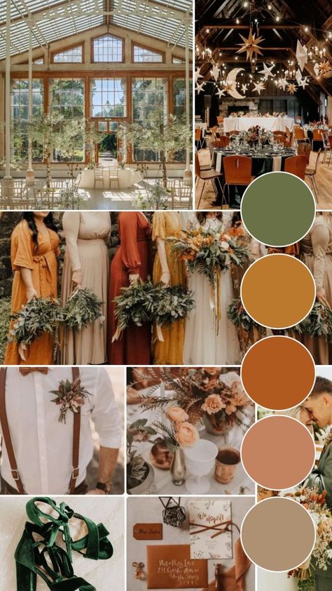 Earth Tone Wedding Ideas, Copper Tone Wedding, October Wedding Terracotta, Earth Tone Suit Men Wedding, Earth Tone Wedding Colors Summer, Terracotta And Mustard Wedding, Harvest Wedding Colors, Green Orange Color Palette Wedding, Neutral Fall Wedding Color Palette