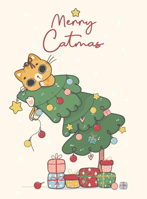 cute funny naughty oragne ginger kitten cat  hanging on Christmas decorated pine tree, merry catmas, cartoon animal character hand drawing doodle vector idea for greeting card Xmas Drawing, Merry Christmas Cat, Merry Catmas, Cat Hanging, Ginger Kitten, Doodle Vector, Christmas Kitten, Kawaii Christmas, Animal Character