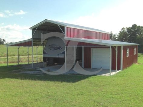 Rv Port With Living Quarters, Rv Carport With Storage, Rv Port Homes, Rv Barn With Living Quarters, Rv Barn, Rv Port, Rv Shelter, Rv House, Rv Carports