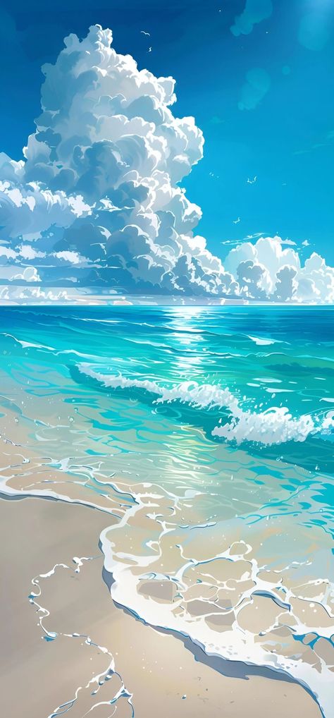 Sea Wallpaper Drawing, Ocean Wallpaper Drawing, Fantasy Ocean Art, Wallpaper Playa, Ocean Waves Drawing, Ocean Anime, Heartwarming Photos, Dreamy Artwork, Saying Hello