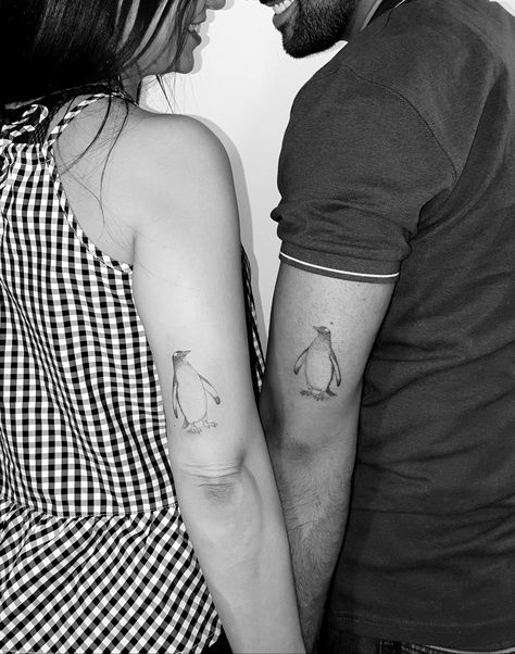 Matching Penguin Tattoos Couples, Matching Penguin Tattoo, Penguin Tattoo Couple, Penguin Tattoo Design, Tattoos Parejas, Skeleton Couple Tattoo, Penguin Tattoos, Ice Cream Tattoo, Infinity Tattoos For Couples