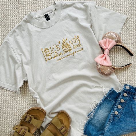 Disney World Parks EMBROIDERED T-Shirt What a Wonderful World Heavy Weight Faded T-Shirt Magic Kingdom Parade, Disney World Animal Kingdom, Disney Embroidery Designs, Mickey Love, Matching Disney Shirts, Disney Valentines, What A Wonderful World, Embroidered Shirts, Disney Outfit