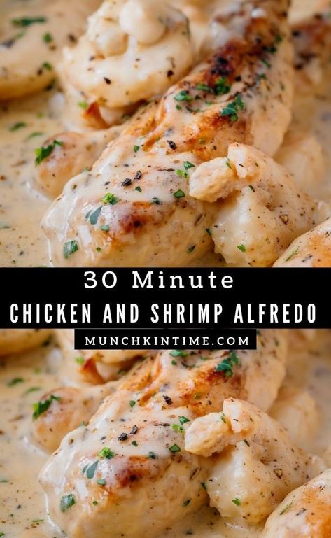 Creamy Chicken Shrimp Pasta, Shrimp Chicken Pasta Recipes, Shrimp And Chicken Alfredo Pasta, Alfredo Sauce Recipe With Shrimp, Chicken And Shrimp Recipes Pasta, Chicken In Alfredo Sauce, Easy Chicken And Shrimp Alfredo, Chicken Shrimp Alfredo Pasta, Creamy Garlic Shrimp Pasta Recipes Alfredo Sauce